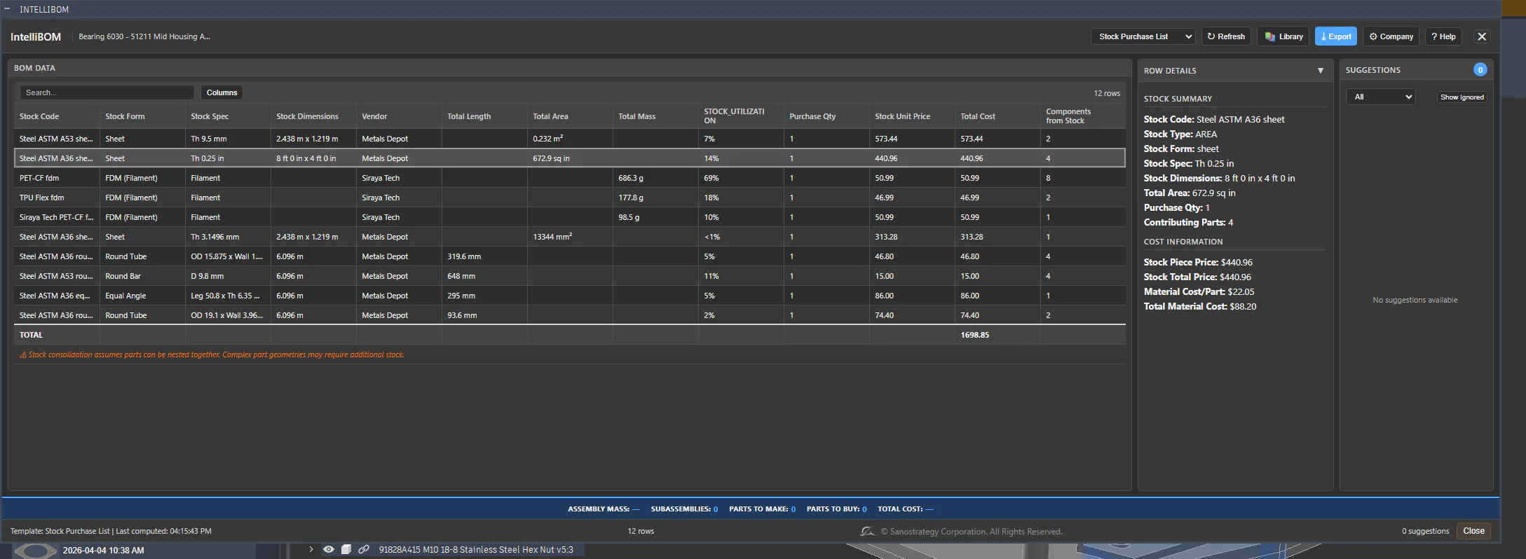 IntelliBOM Stock Purchase List — sheet nesting utilisation, FFDH bin packing, consolidated stock